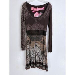 Desigual Brown Mixed Print Lace Trim Long Sleeve Dress Large